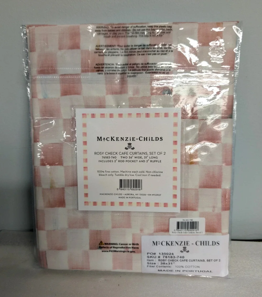 Mackenzie Childs Rosy Check Cafe Curtains Set Of 2 - 36” x 31”